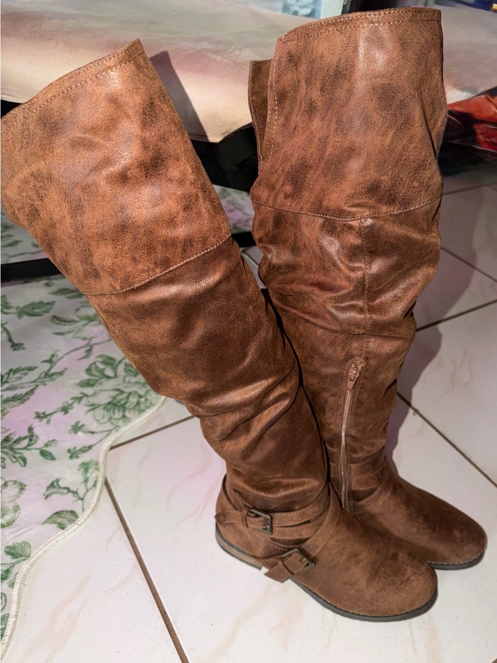 Distressed Brown Faux Leather Over the Knee Slouch Boots Buckle Size 8